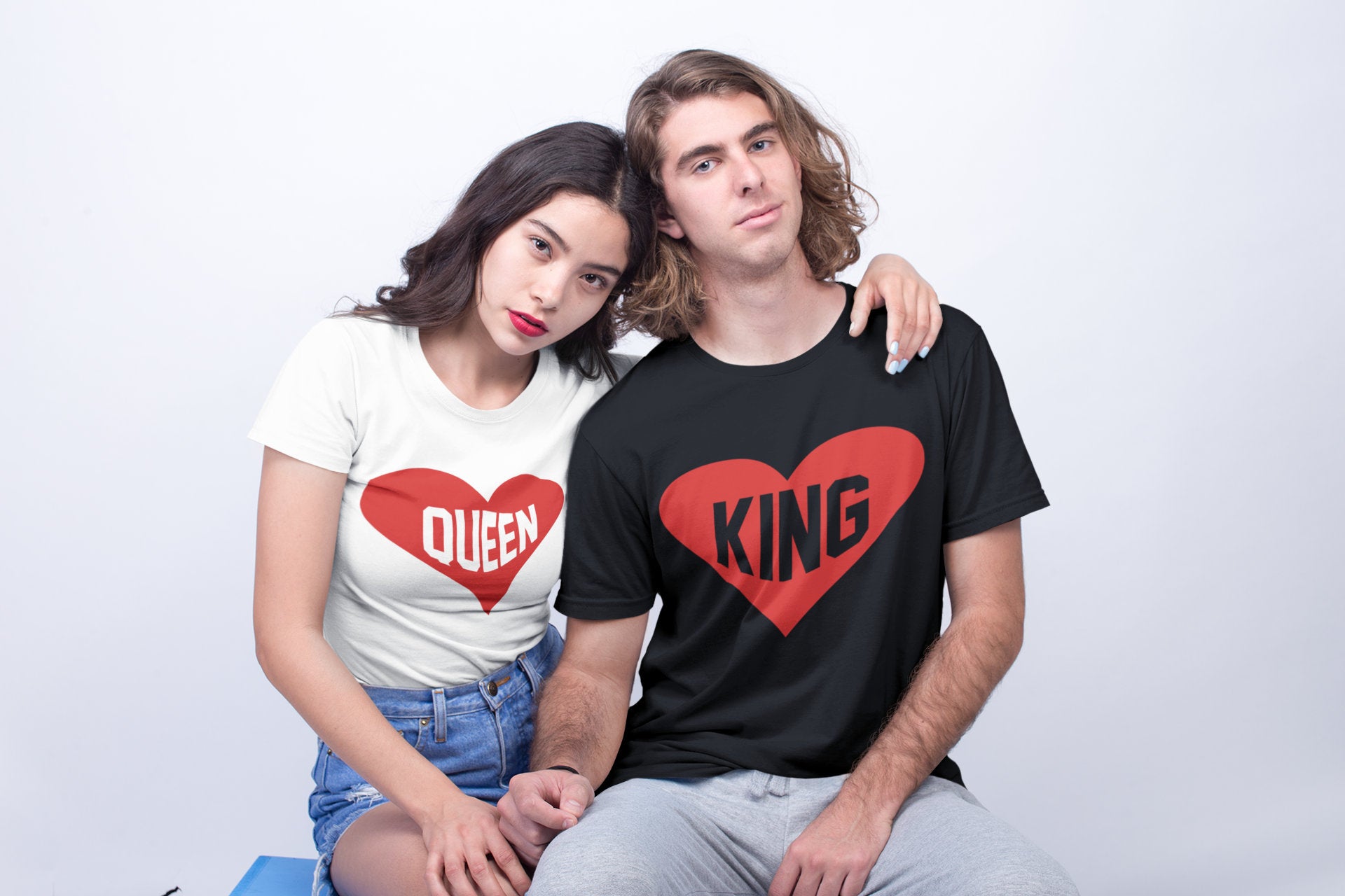 King Queen Комплект Тениски с Щампа Сърце